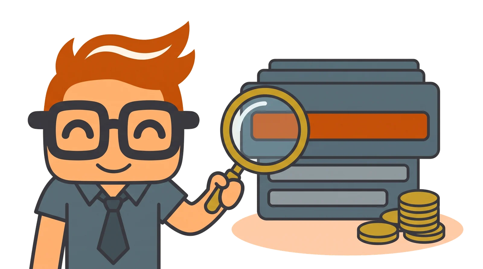 Harry uses a magnifying glass to pick out one highlighted search result from a stack, with coins beside it