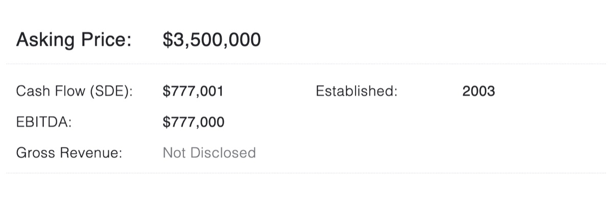 The financial summary of one BizBuySell listing for a managed IT services provider, showing asking price, cash flow, EBITDA and gross revenue.