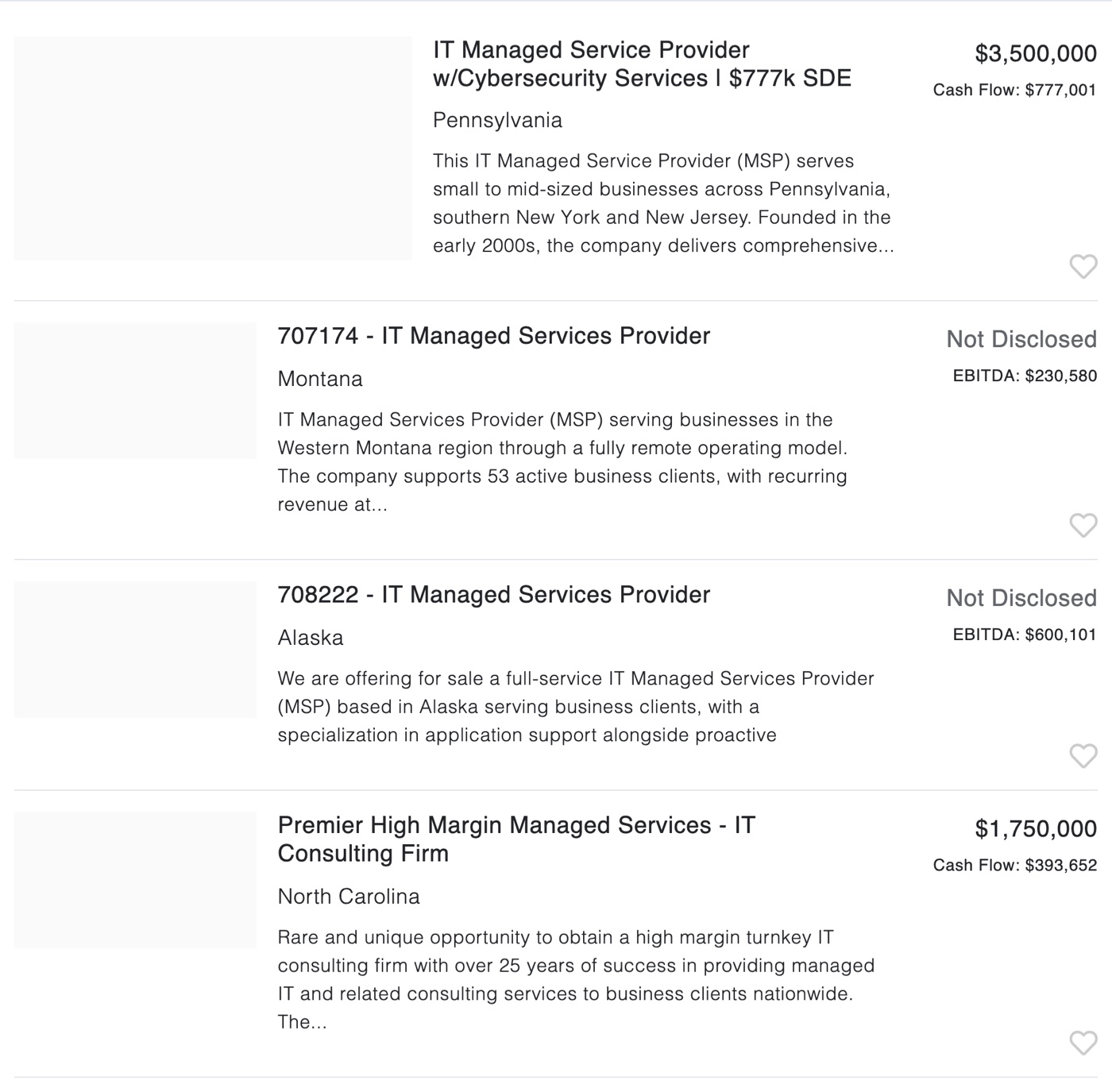 BizBuySell listings for four managed IT services businesses for sale, each showing an asking price, cash flow or EBITDA figure.