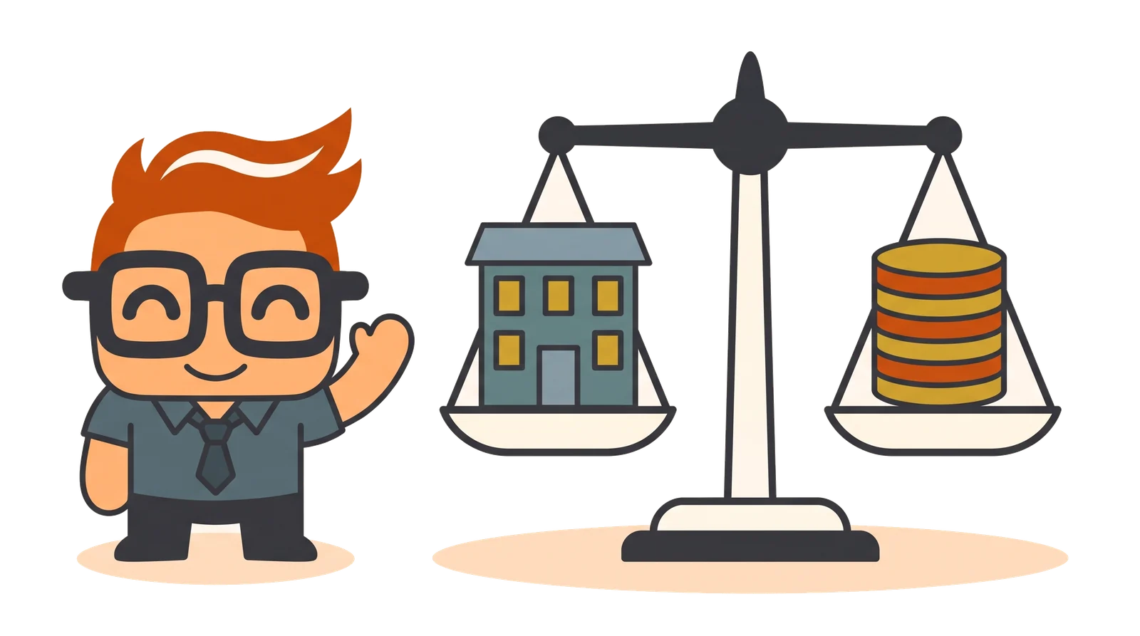 Harry stands beside a balance scale weighing a small office building against a stack of coins