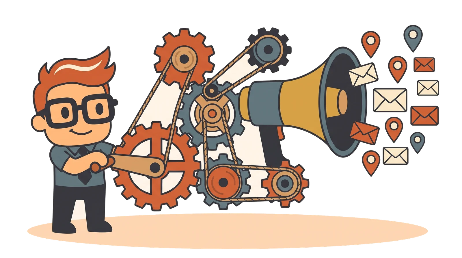 Harry turns a crank that drives gears powering a megaphone that sends out emails and map pins