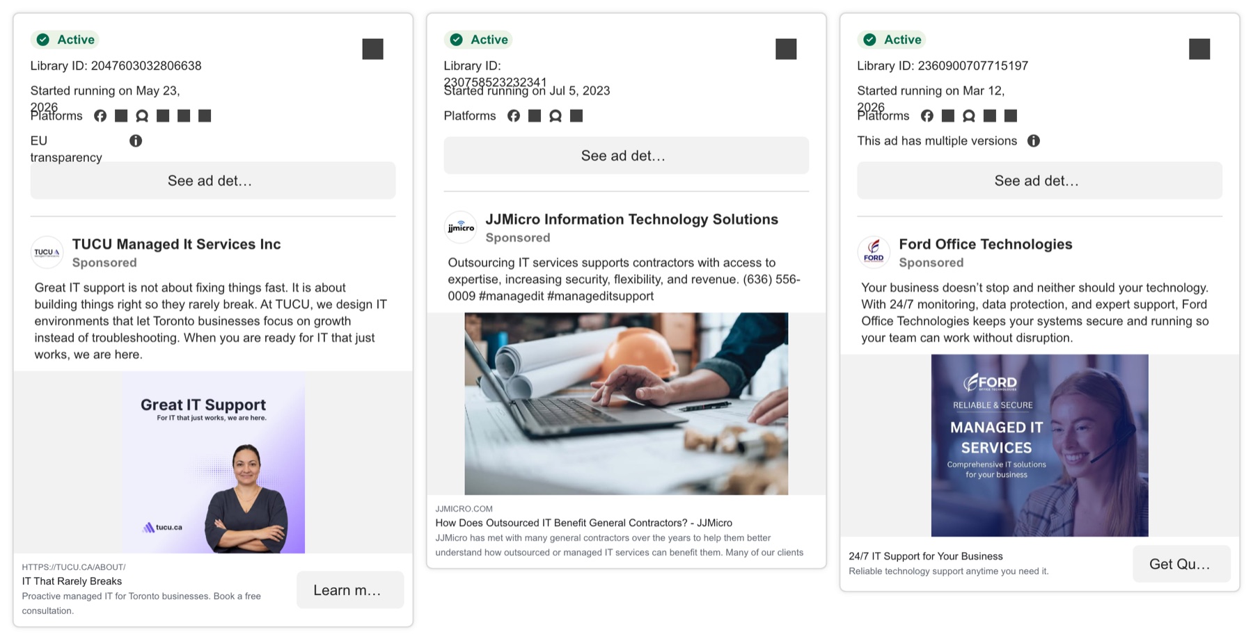 Three active ads from IT companies in Meta's Ad Library, each showing the date it started running. One has been running since July 2023.