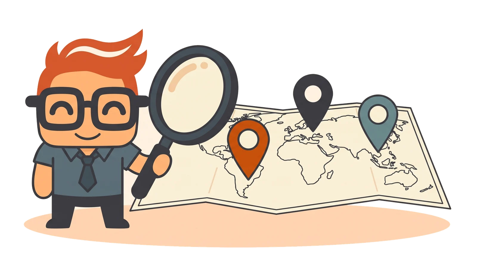 Harry holds a magnifying glass over a map with three location pins, the nearest one orange
