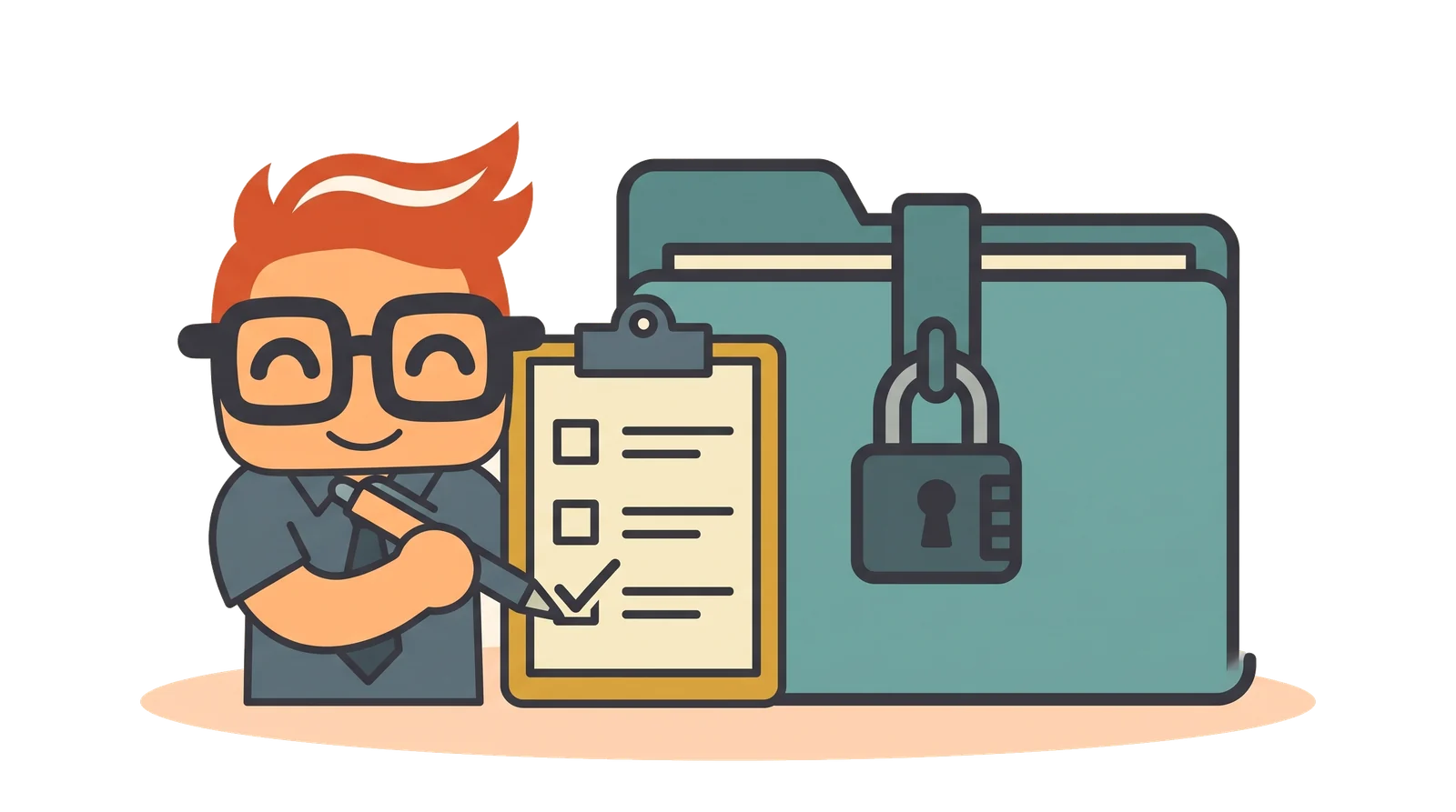 Harry checks off a clipboard checklist beside a client file folder strapped shut with a padlock