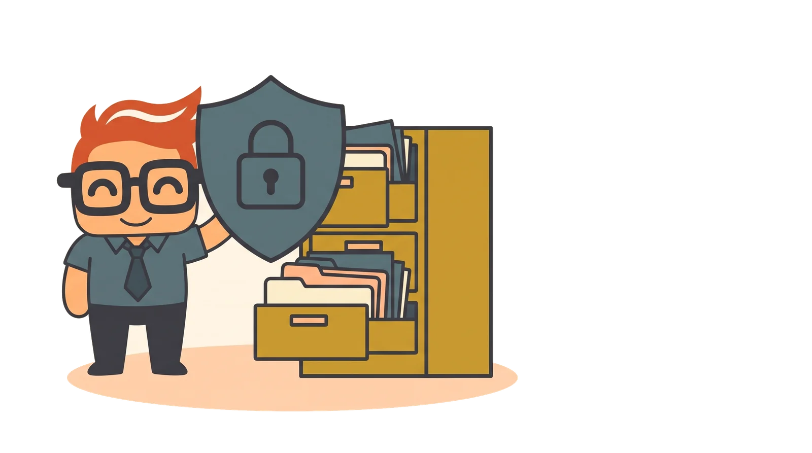 Harry holds a teal shield with a padlock in front of a filing cabinet full of client folders