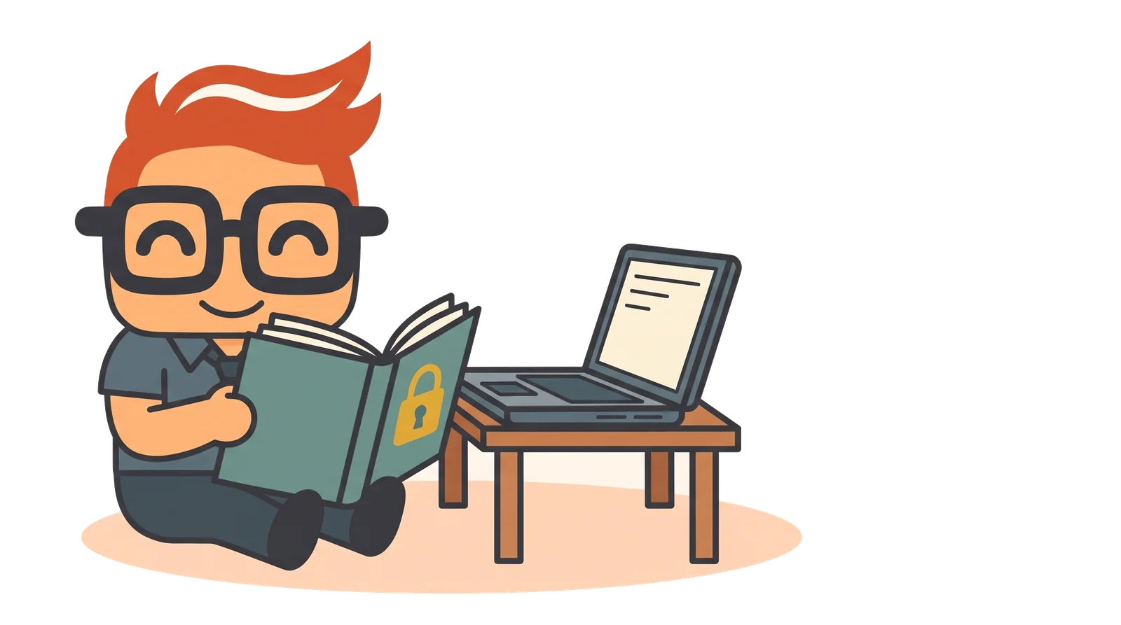Harry sits reading a booklet with a padlock on the cover beside a desk and laptop